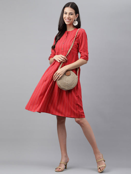 Janasya Women's Red Cotton Woven Design Flared Casual Dress | Swadesiicart