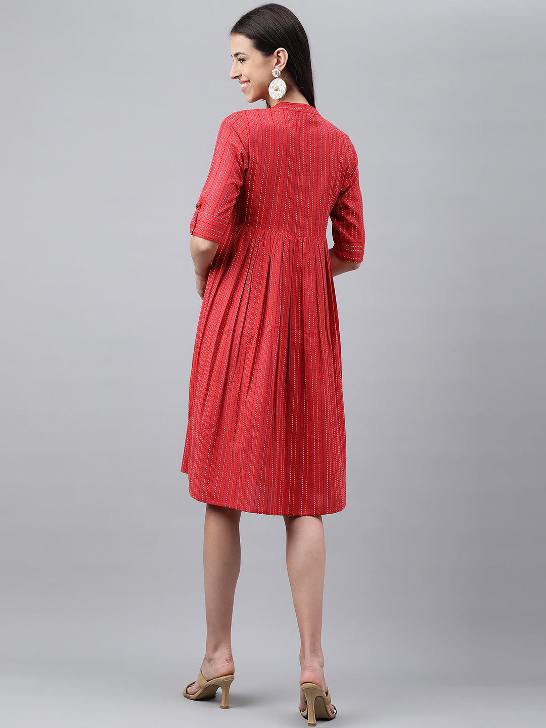 Janasya Women's Red Cotton Woven Design Flared Casual Dress | Swadesiicart