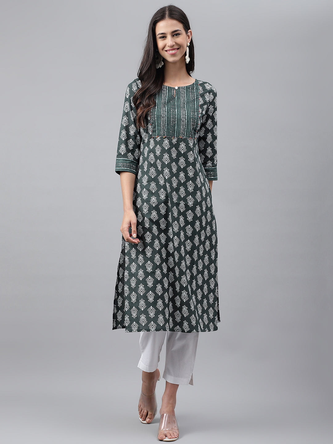 Janasya Women's Dark Green Cotton Ethnic Motifs Casual Straight Kurta | Swadesiicart