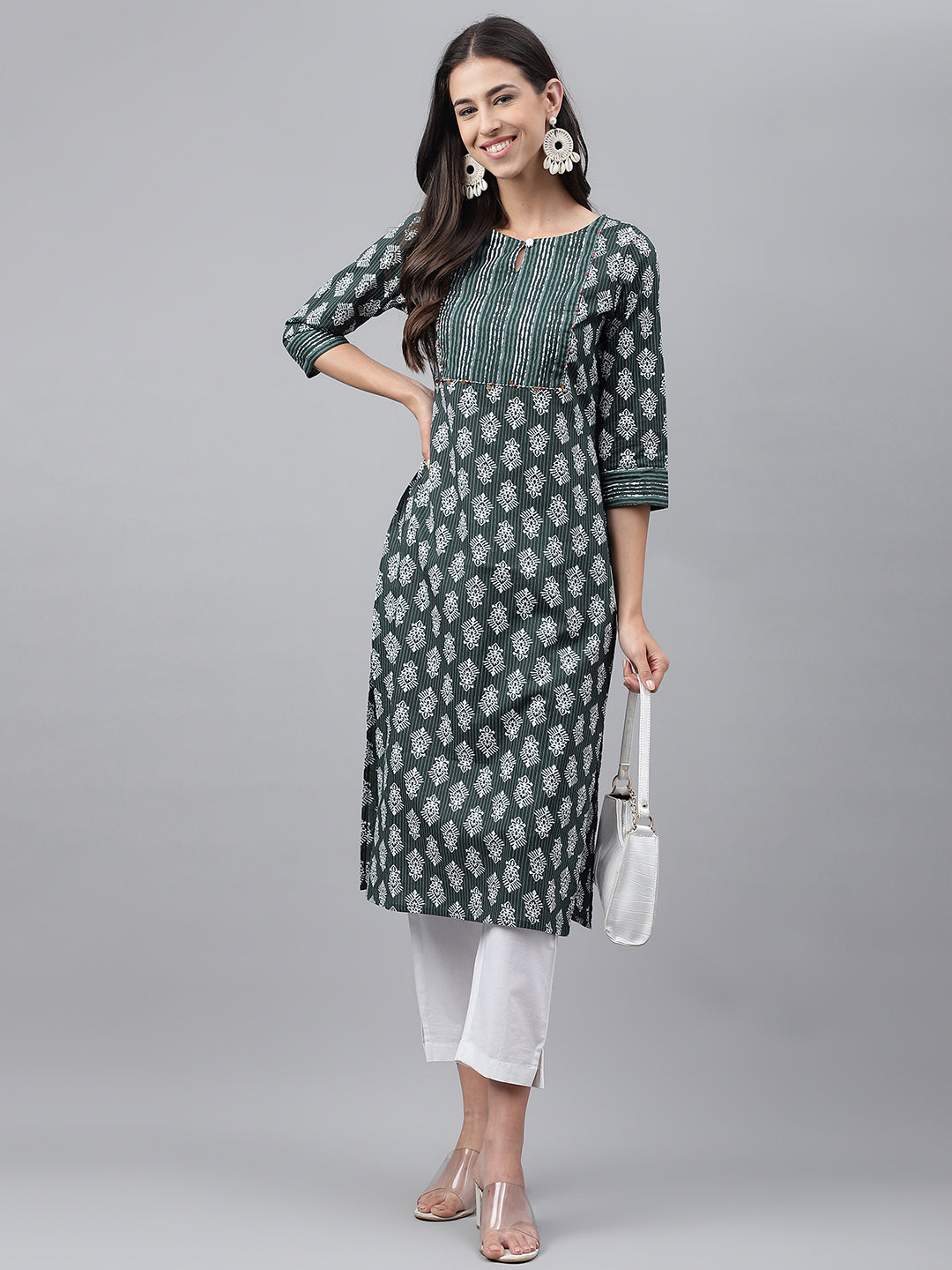 Janasya Women's Dark Green Cotton Ethnic Motifs Casual Straight Kurta | Swadesiicart