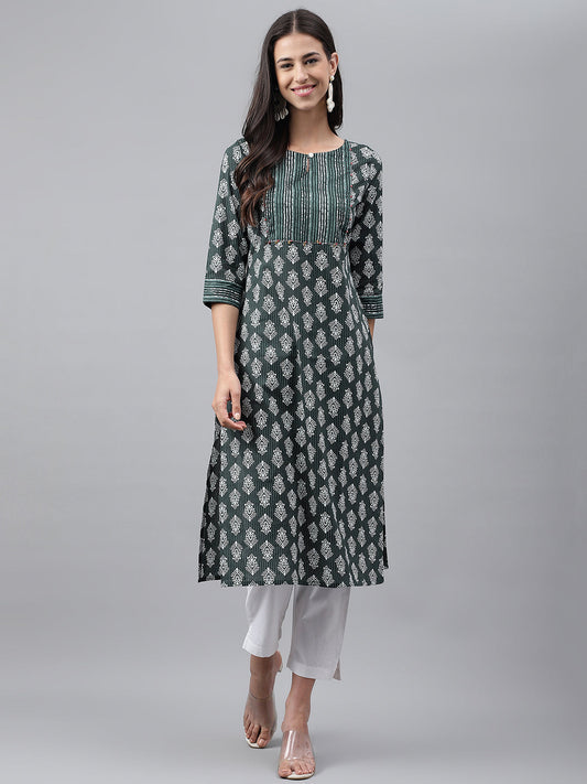 Janasya Women's Dark Green Cotton Ethnic Motifs Casual Straight Kurta | Swadesiicart