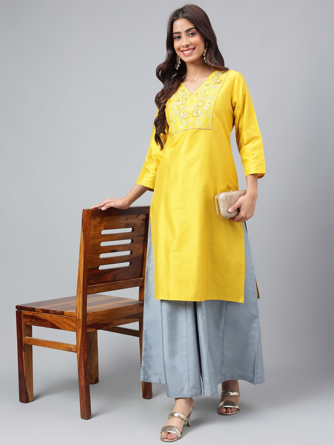 Janasya Women's Yellow Poly Silk Solid Festive Straight Kurta | Swadesiicart