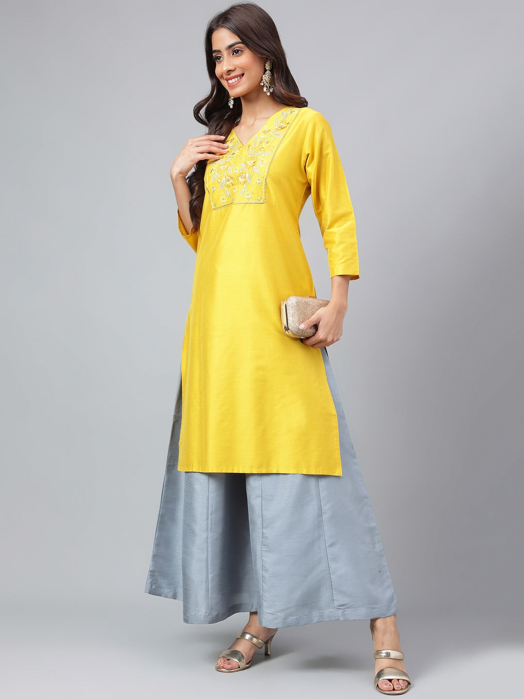 Janasya Women's Yellow Poly Silk Solid Festive Straight Kurta | Swadesiicart