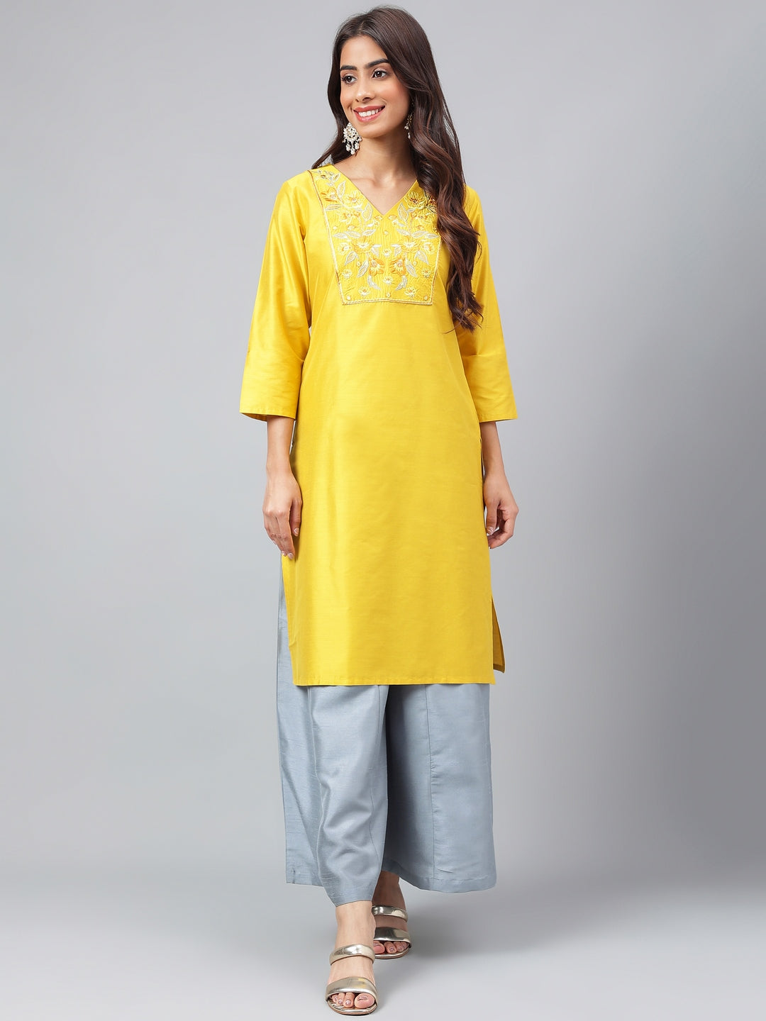 Janasya Women's Yellow Poly Silk Solid Festive Straight Kurta | Swadesiicart