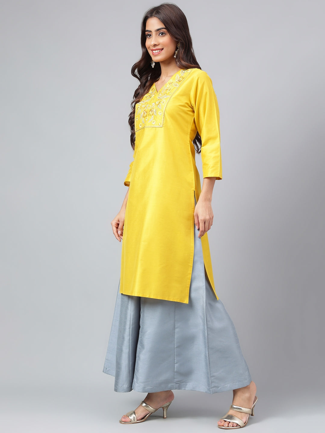 Janasya Women's Yellow Poly Silk Solid Festive Straight Kurta | Swadesiicart