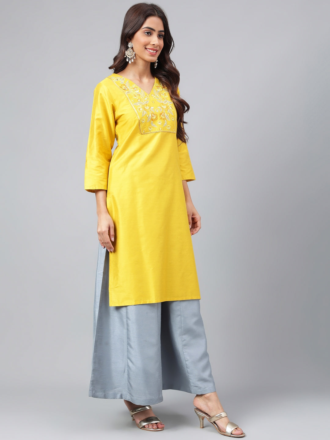 Janasya Women's Yellow Poly Silk Solid Festive Straight Kurta | Swadesiicart