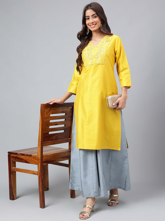 Janasya Women's Yellow Poly Silk Solid Festive Straight Kurta | Swadesiicart