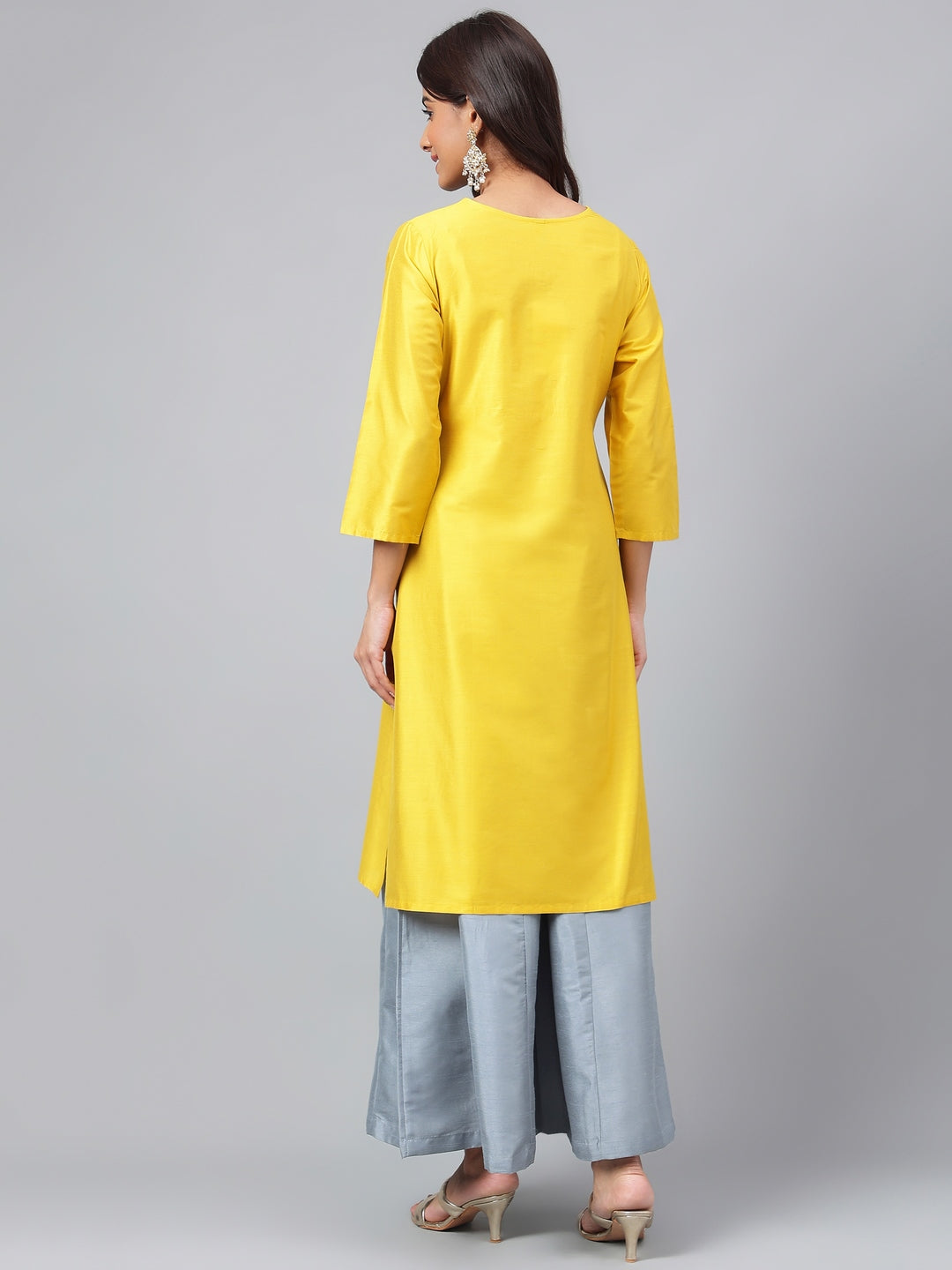 Janasya Women's Yellow Poly Silk Solid Festive Straight Kurta | Swadesiicart