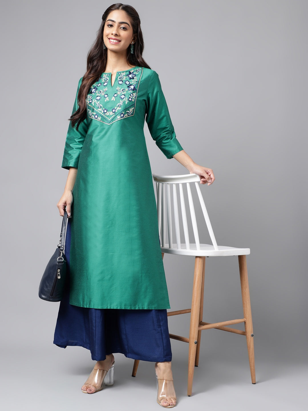 Janasya Women's Peacock Green Poly Silk Solid Festive Straight Kurta | Swadesiicart