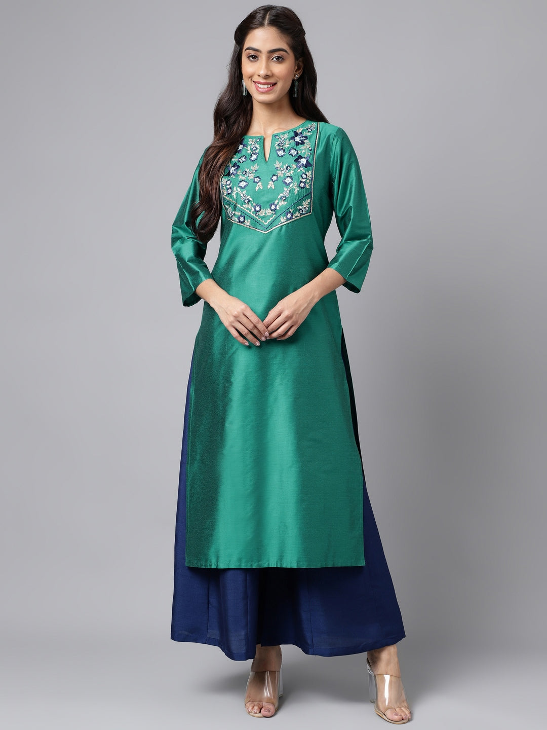 Janasya Women's Peacock Green Poly Silk Solid Festive Straight Kurta | Swadesiicart