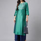 Janasya Women's Peacock Green Poly Silk Solid Festive Straight Kurta | Swadesiicart
