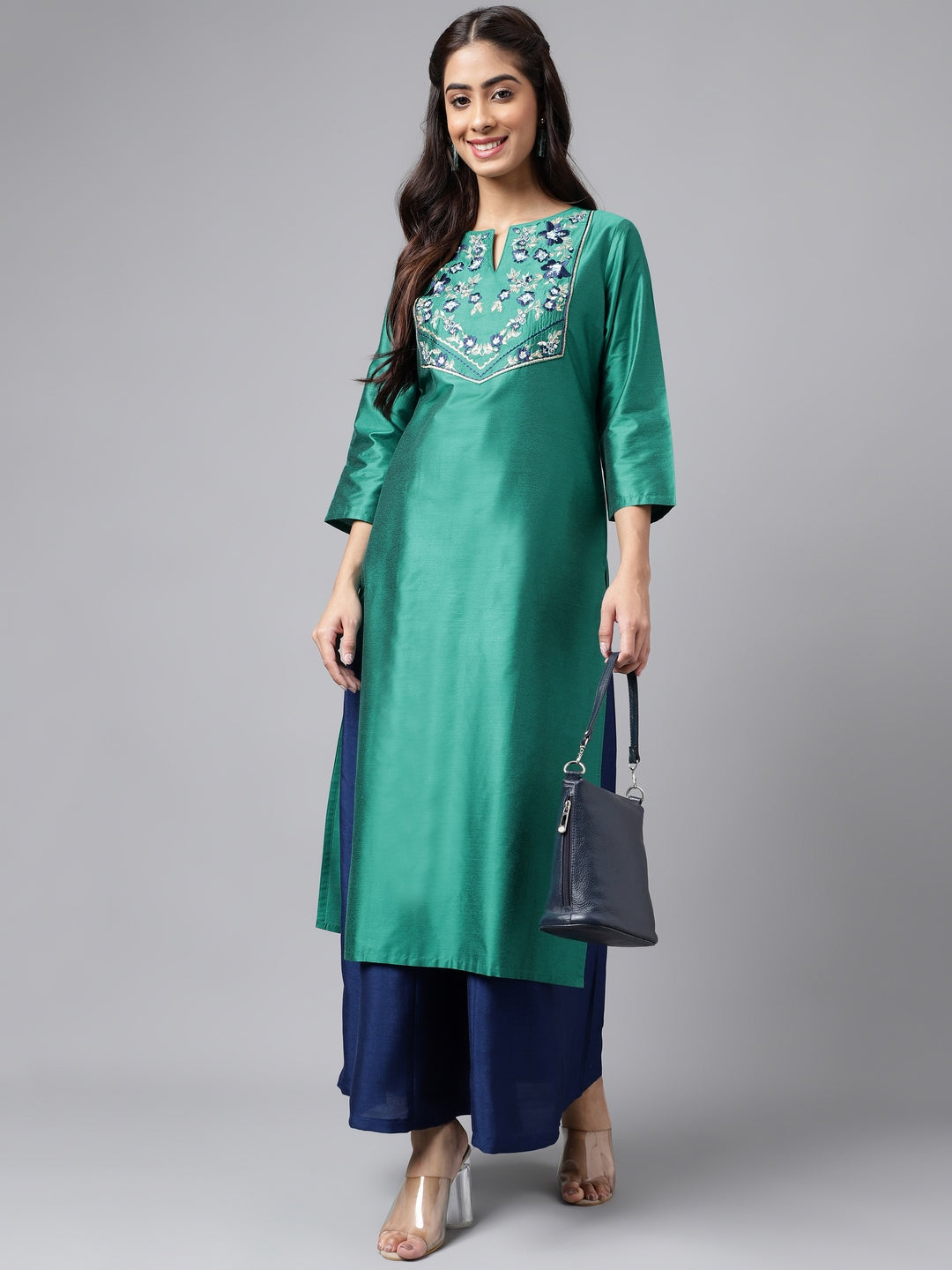 Janasya Women's Peacock Green Poly Silk Solid Festive Straight Kurta | Swadesiicart