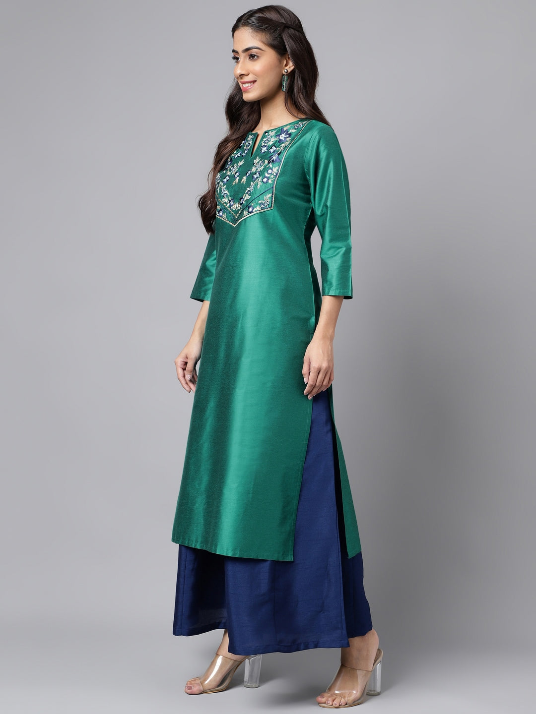 Janasya Women's Peacock Green Poly Silk Solid Festive Straight Kurta | Swadesiicart