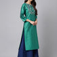 Janasya Women's Peacock Green Poly Silk Solid Festive Straight Kurta | Swadesiicart