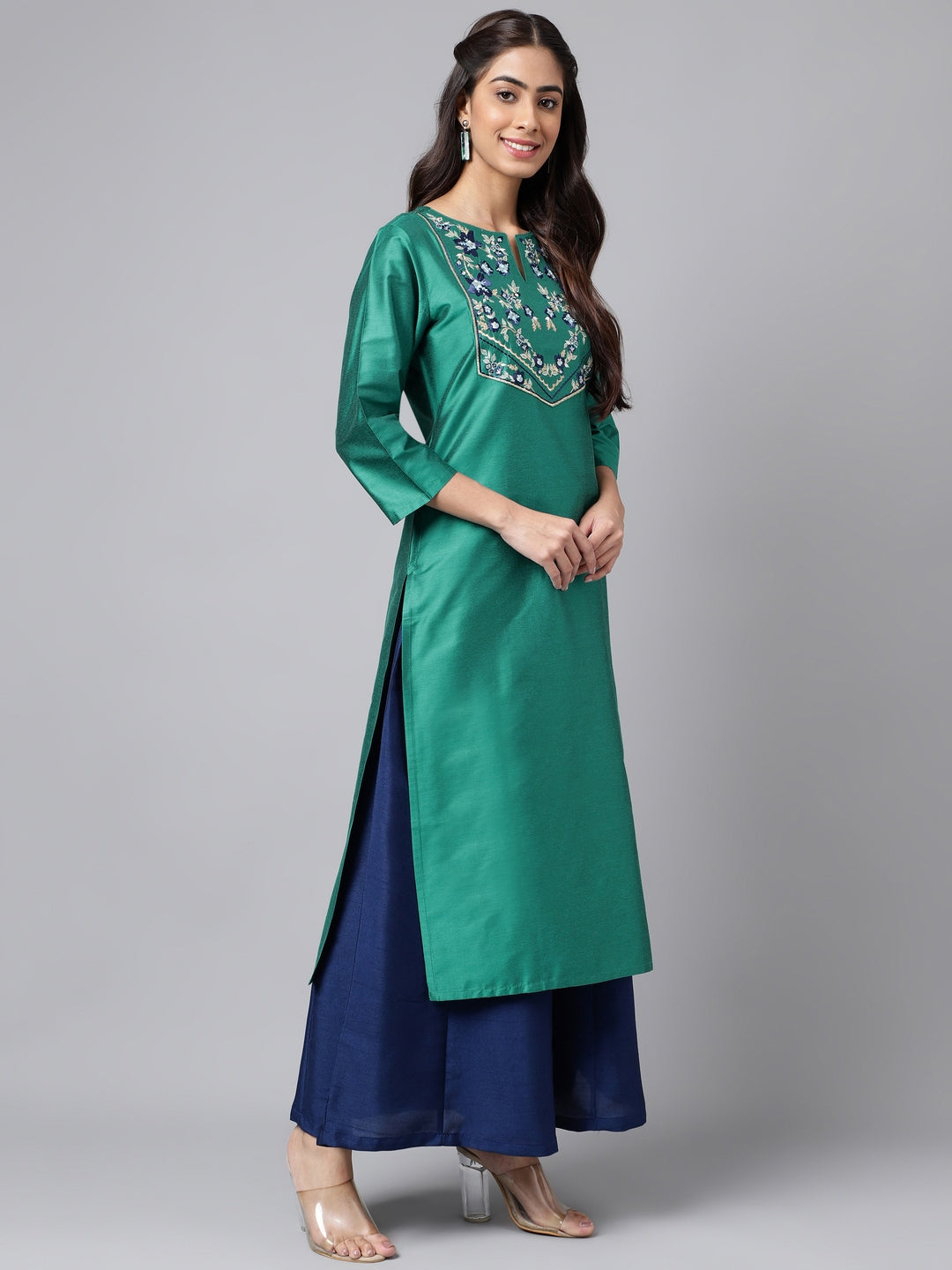 Janasya Women's Peacock Green Poly Silk Solid Festive Straight Kurta | Swadesiicart