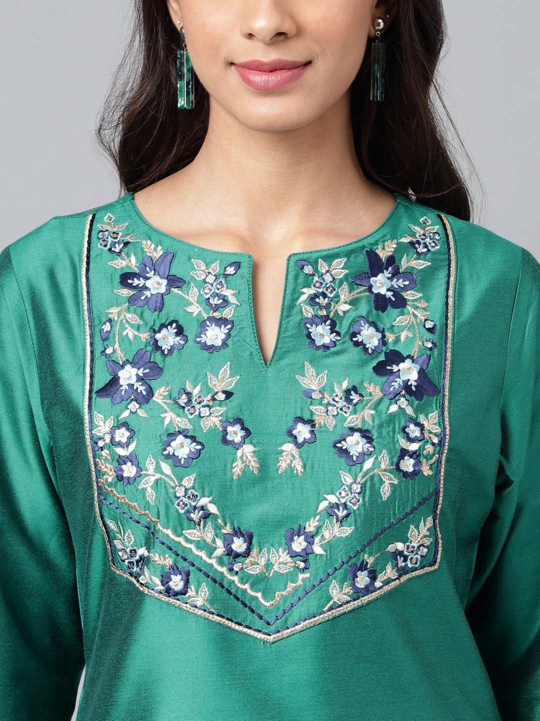 Janasya Women's Peacock Green Poly Silk Solid Festive Straight Kurta | Swadesiicart
