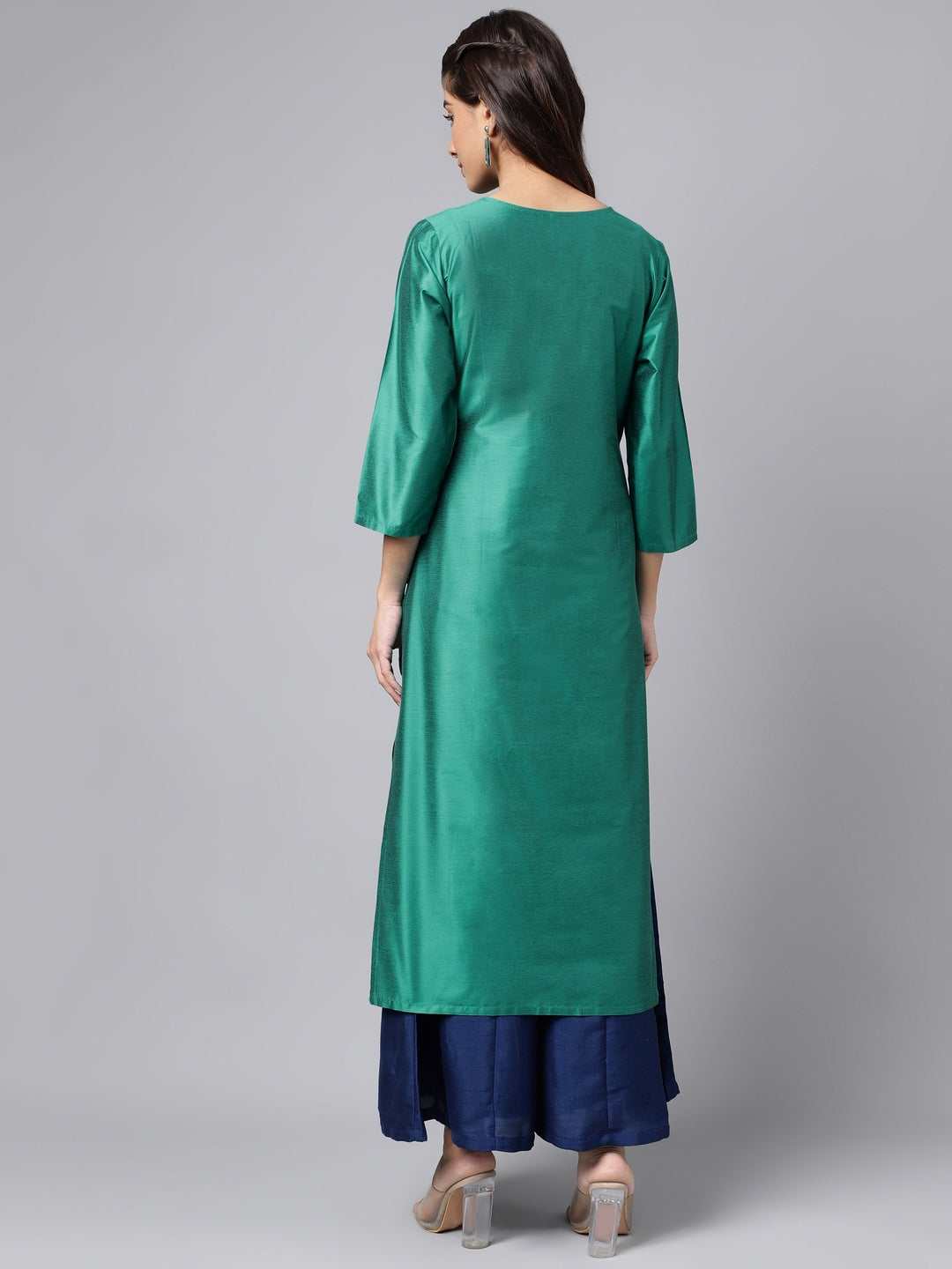 Janasya Women's Peacock Green Poly Silk Solid Festive Straight Kurta | Swadesiicart