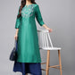 Janasya Women's Peacock Green Poly Silk Solid Festive Straight Kurta | Swadesiicart