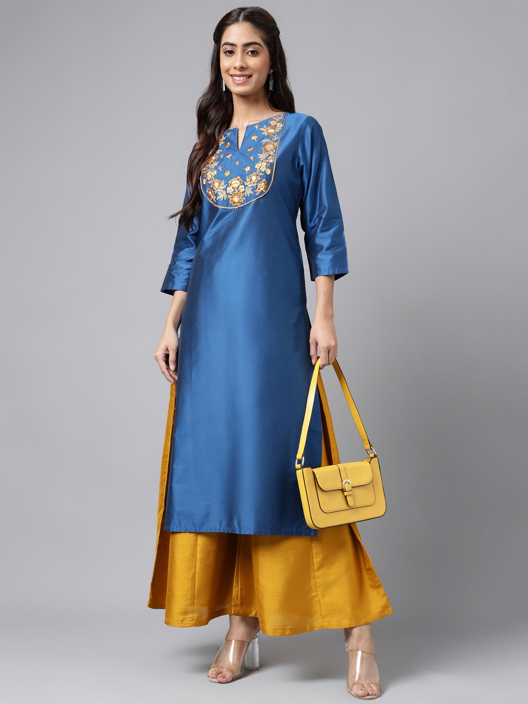 Janasya Women's Blue Poly Silk Solid Festive Straight Kurta | Swadesiicart