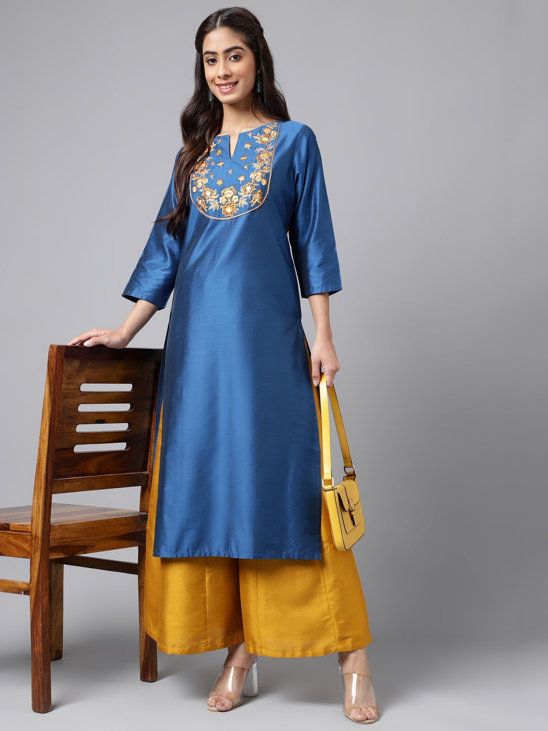Janasya Women's Blue Poly Silk Solid Festive Straight Kurta | Swadesiicart