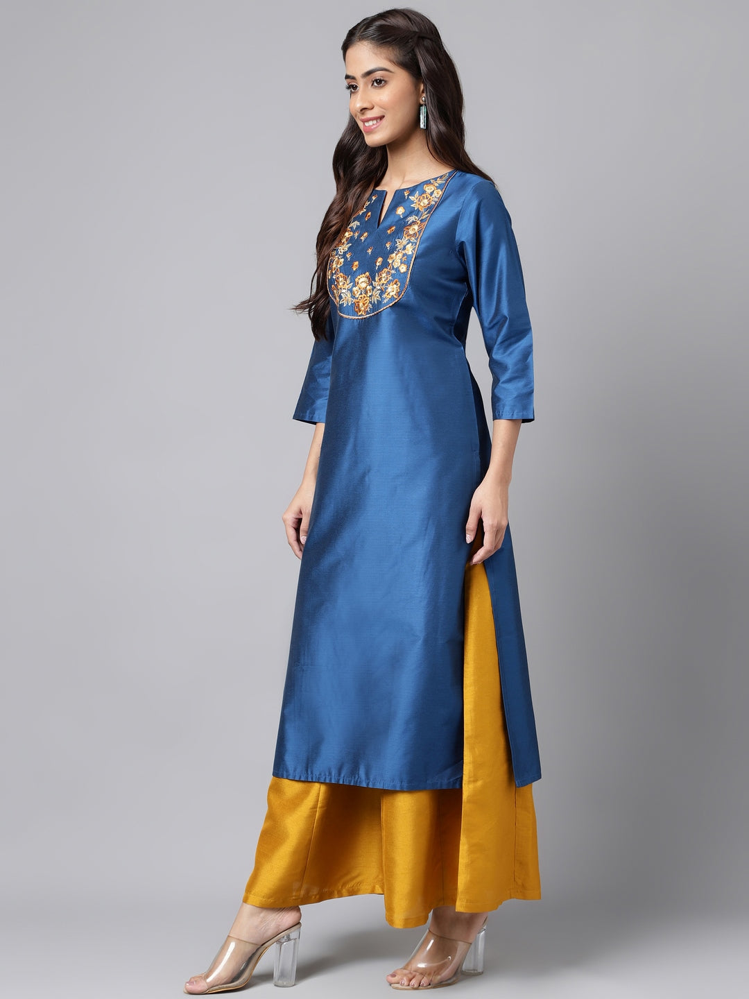 Janasya Women's Blue Poly Silk Solid Festive Straight Kurta | Swadesiicart