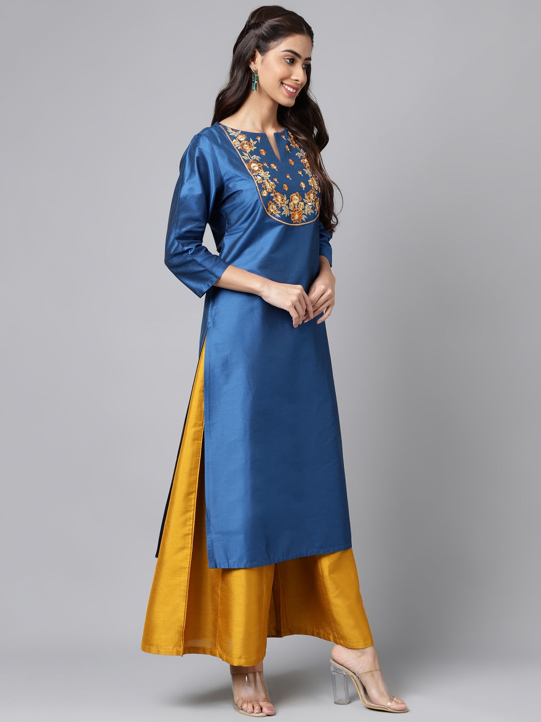 Janasya Women's Blue Poly Silk Solid Festive Straight Kurta | Swadesiicart