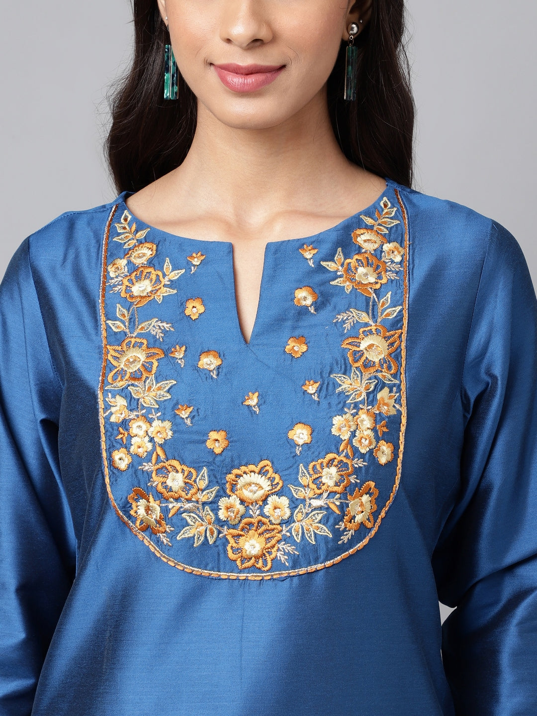 Janasya Women's Blue Poly Silk Solid Festive Straight Kurta | Swadesiicart