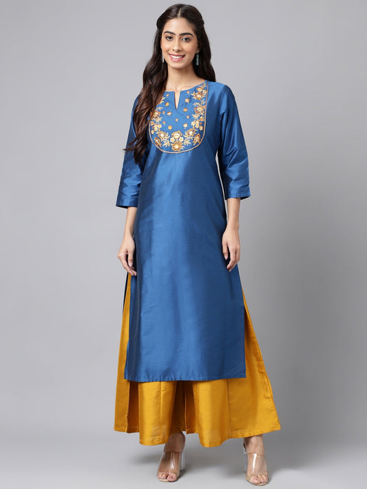 Janasya Women's Blue Poly Silk Solid Festive Straight Kurta | Swadesiicart