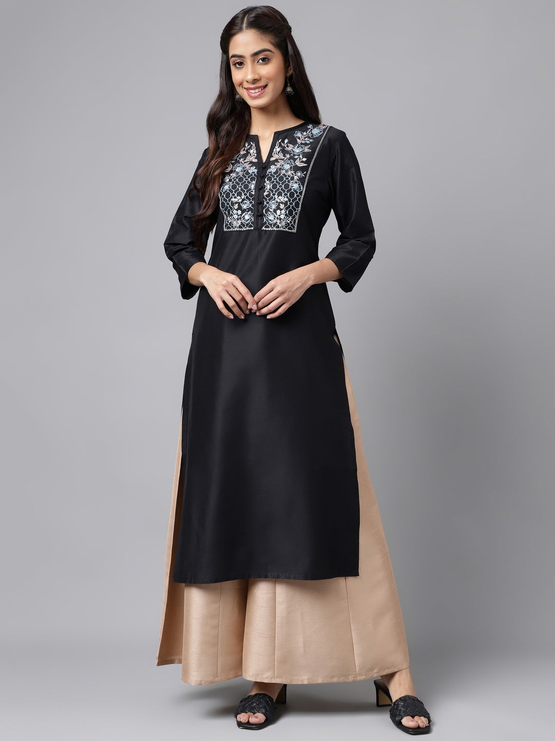Janasya Women's Black Poly Silk Solid Festive Straight Kurta | Swadesiicart