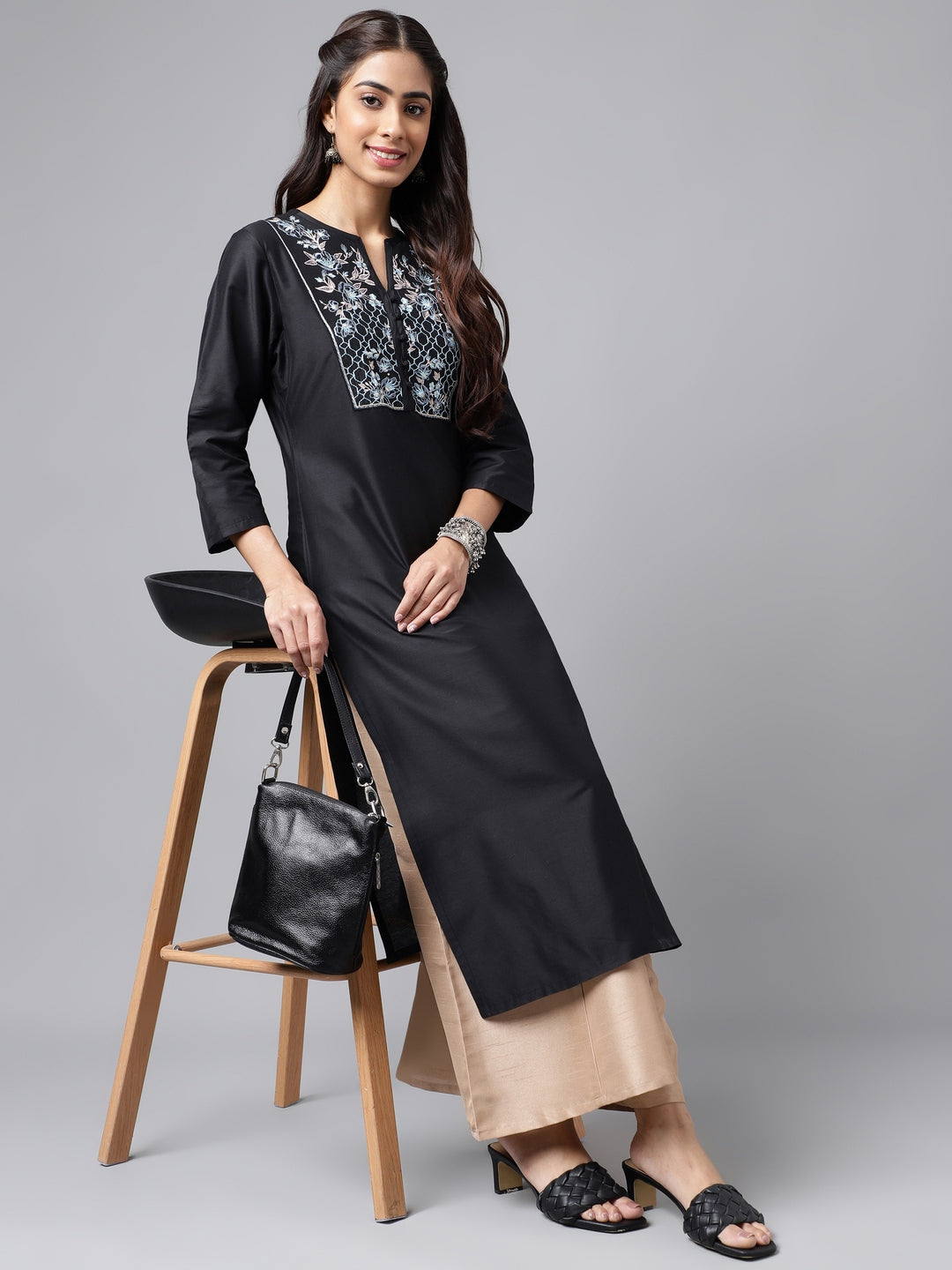 Janasya Women's Black Poly Silk Solid Festive Straight Kurta | Swadesiicart