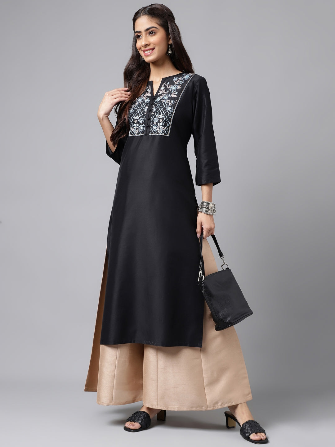 Janasya Women's Black Poly Silk Solid Festive Straight Kurta | Swadesiicart