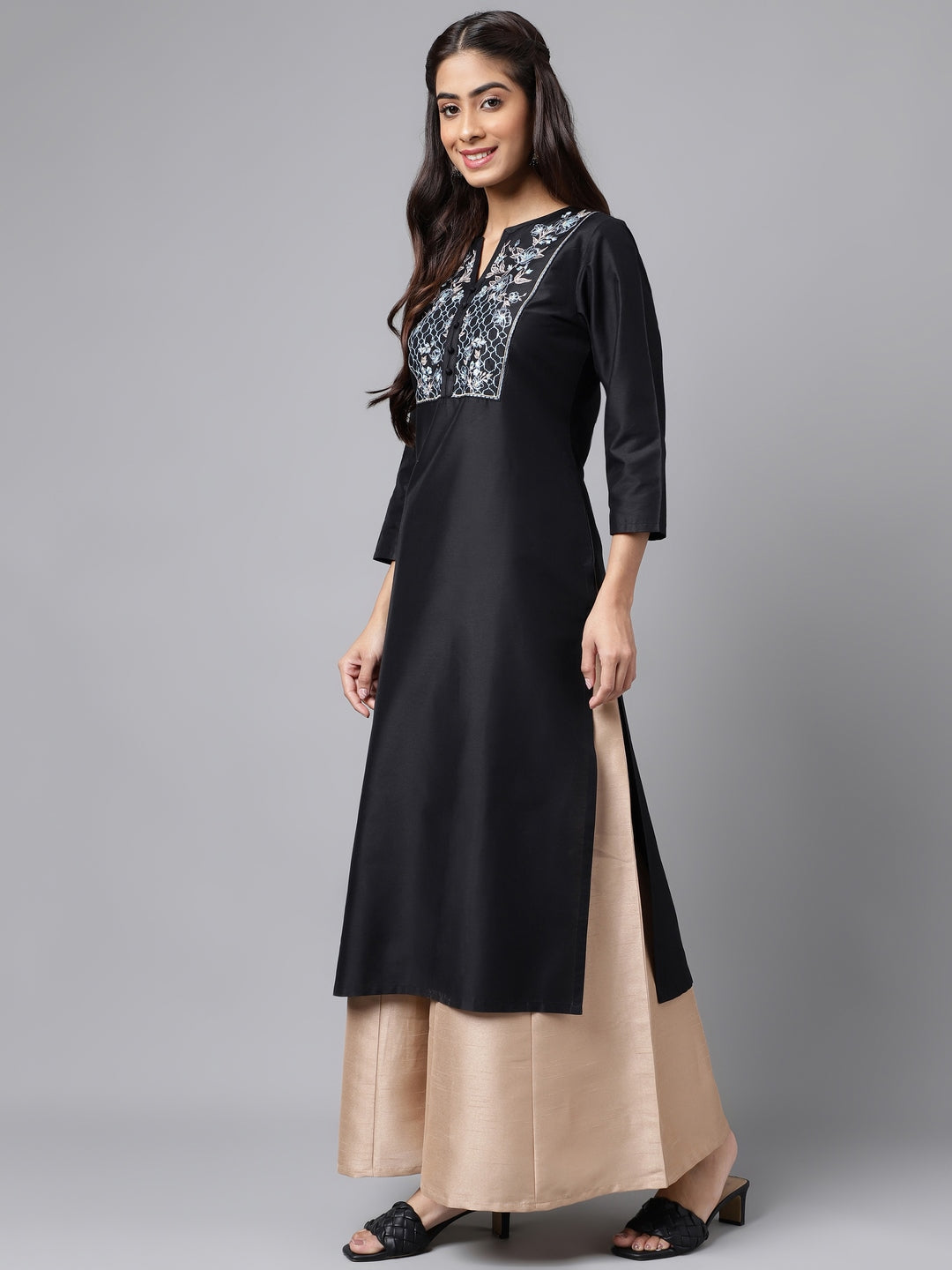 Janasya Women's Black Poly Silk Solid Festive Straight Kurta | Swadesiicart