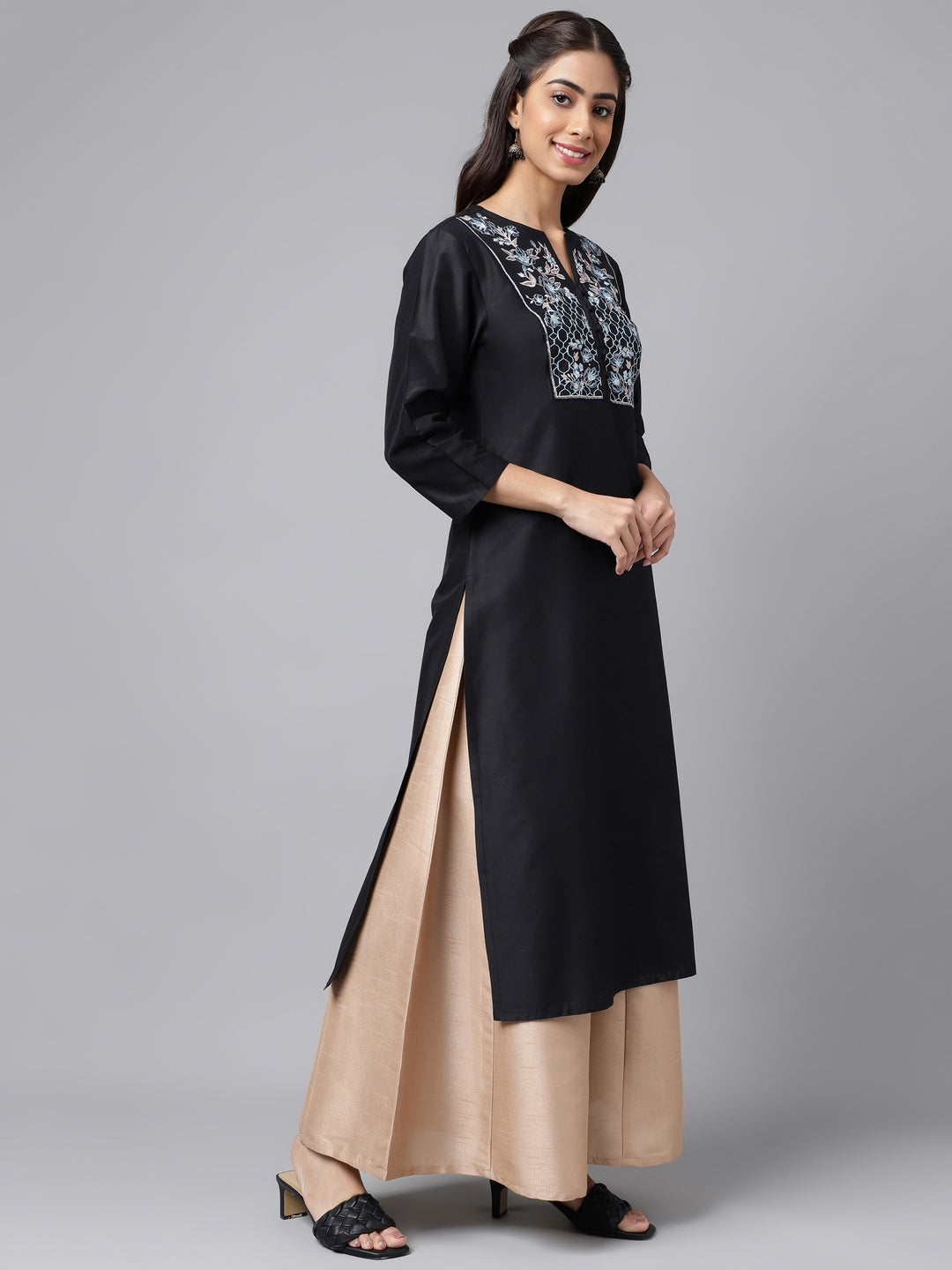Janasya Women's Black Poly Silk Solid Festive Straight Kurta | Swadesiicart