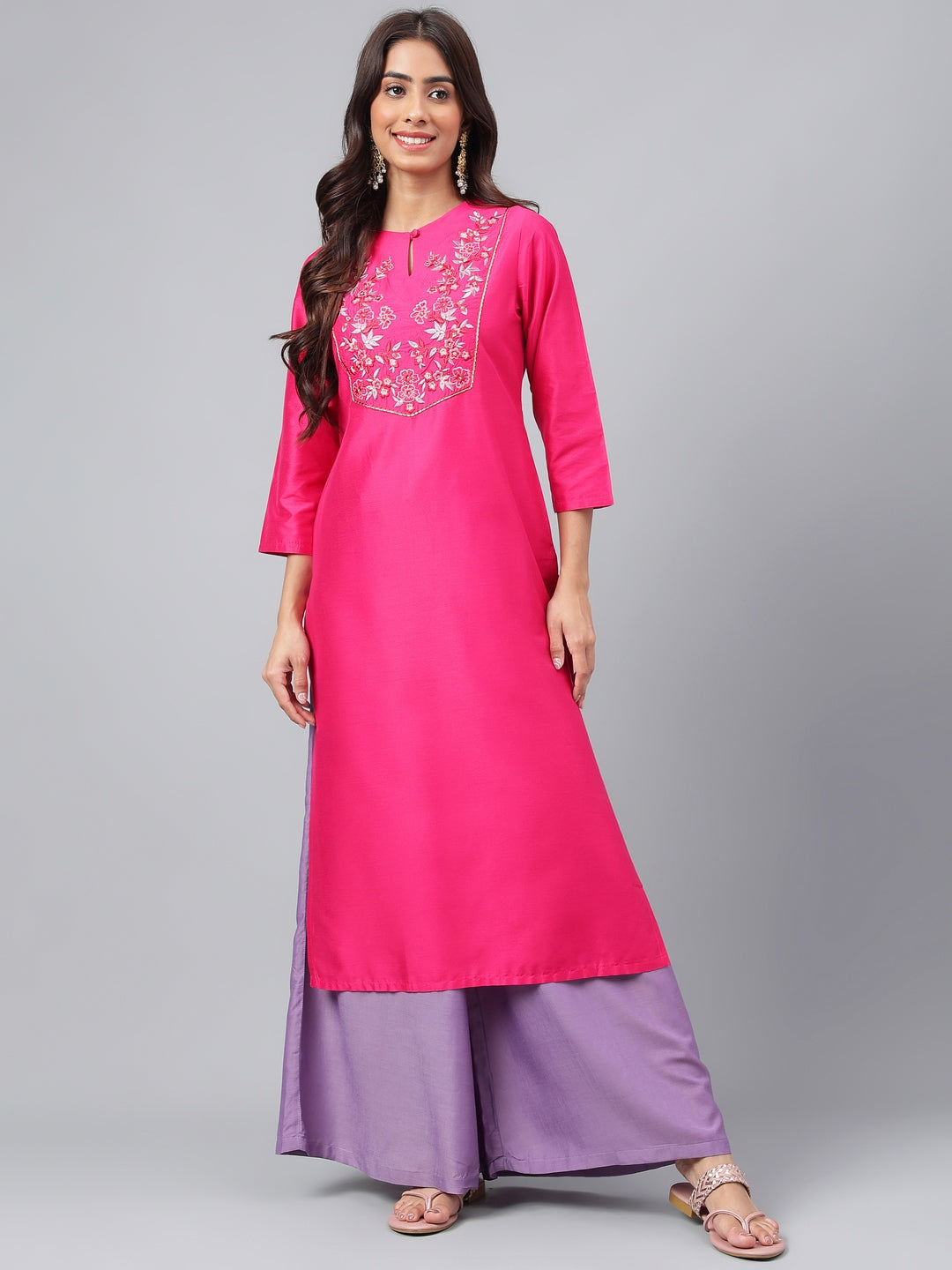Janasya Women's Pink Poly Silk Solid Festive Straight Kurta | Swadesiicart