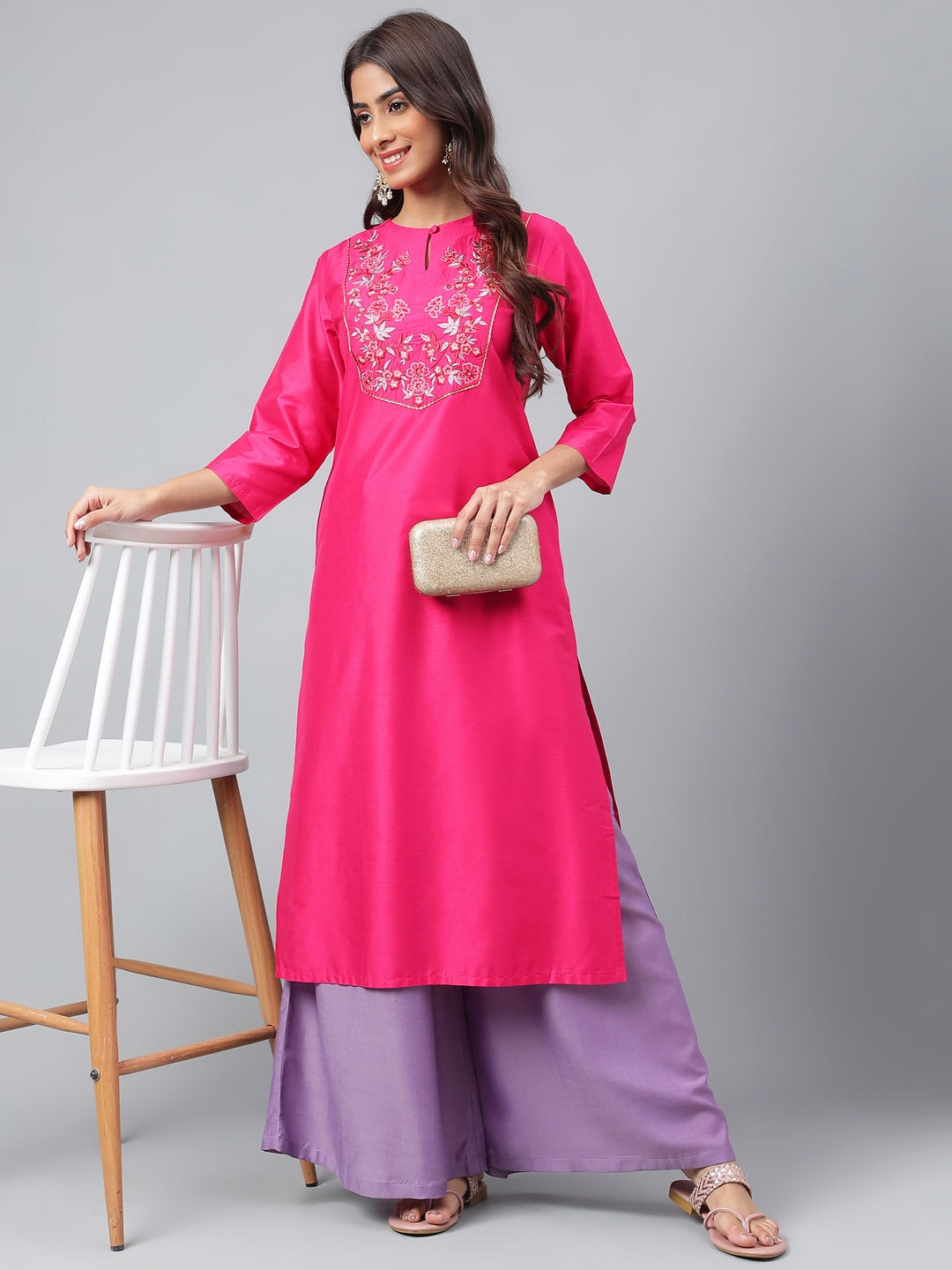 Janasya Women's Pink Poly Silk Solid Festive Straight Kurta | Swadesiicart