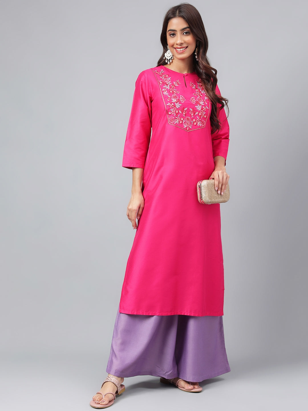 Janasya Women's Pink Poly Silk Solid Festive Straight Kurta | Swadesiicart