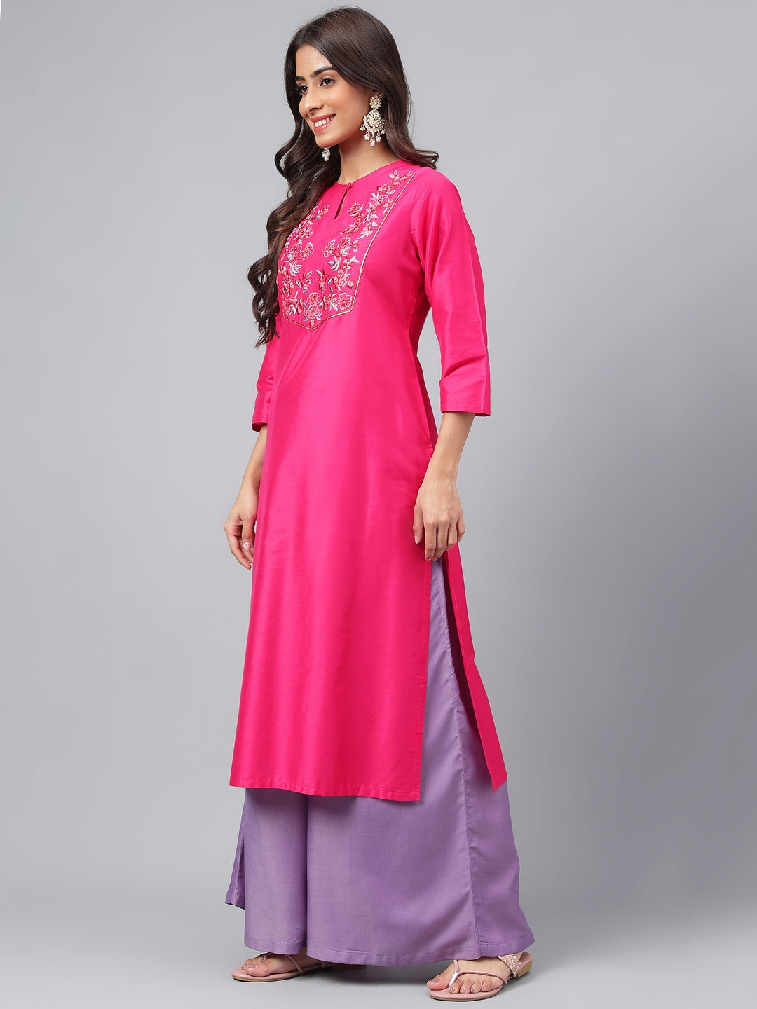 Janasya Women's Pink Poly Silk Solid Festive Straight Kurta | Swadesiicart
