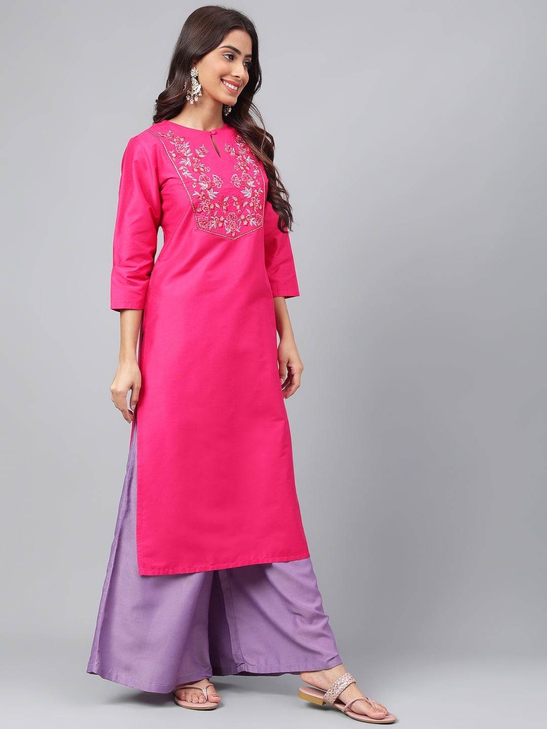 Janasya Women's Pink Poly Silk Solid Festive Straight Kurta | Swadesiicart