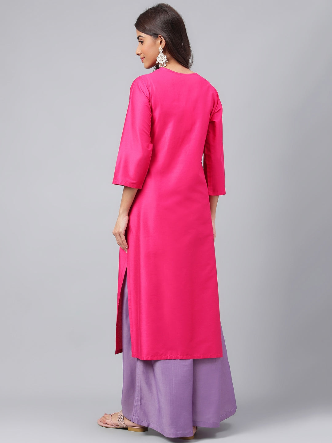 Janasya Women's Pink Poly Silk Solid Festive Straight Kurta | Swadesiicart