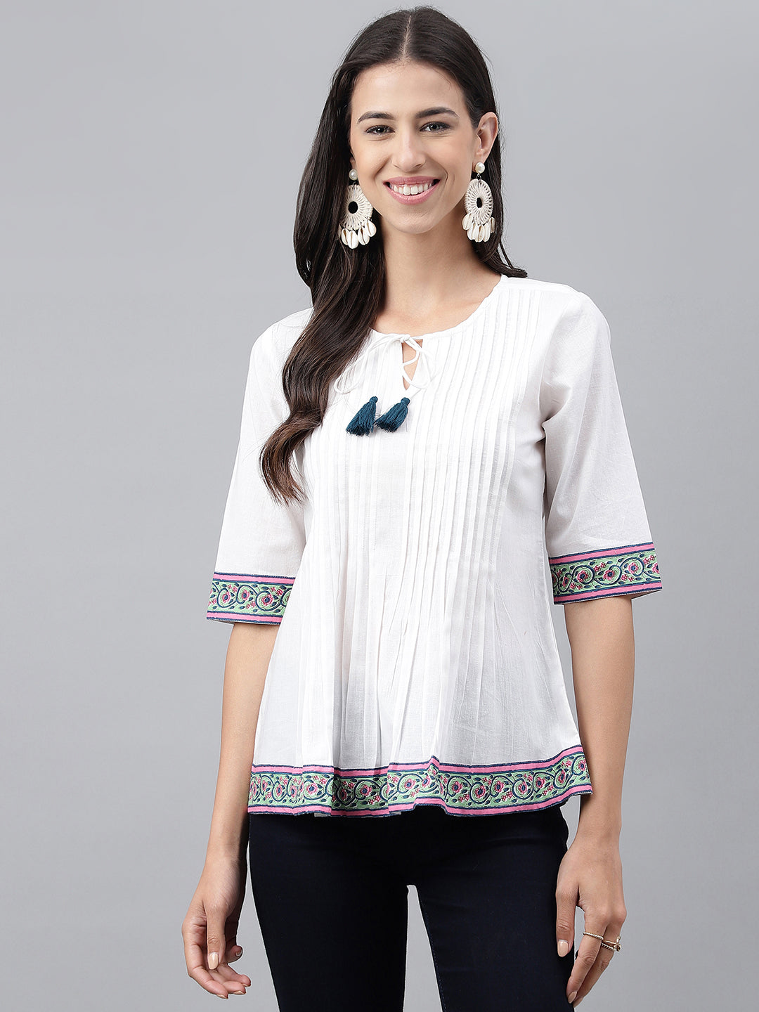 Janasya Women's White Cotton Solid Casual A-Line Top | Swadesiicart
