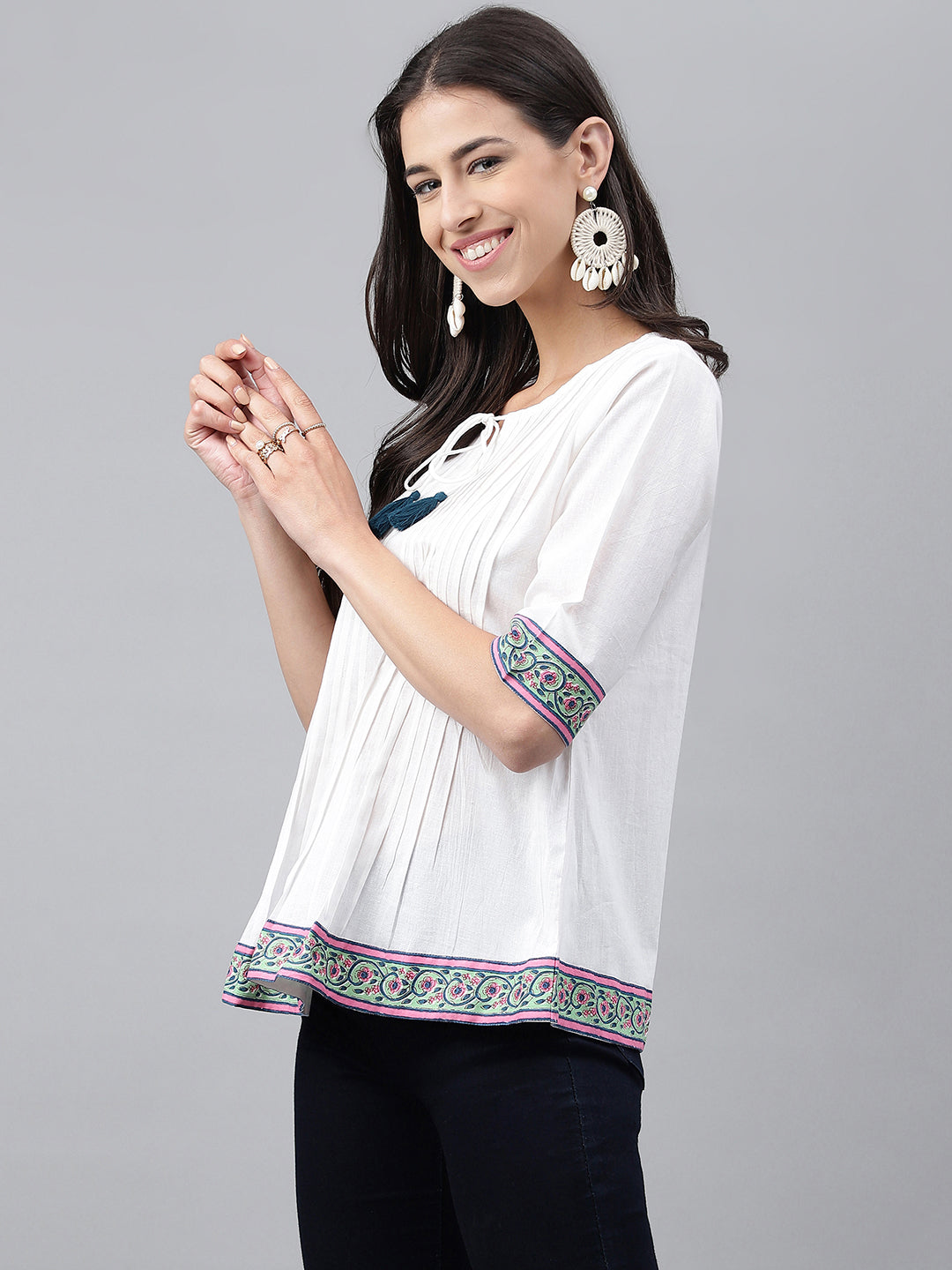 Janasya Women's White Cotton Solid Casual A-Line Top | Swadesiicart