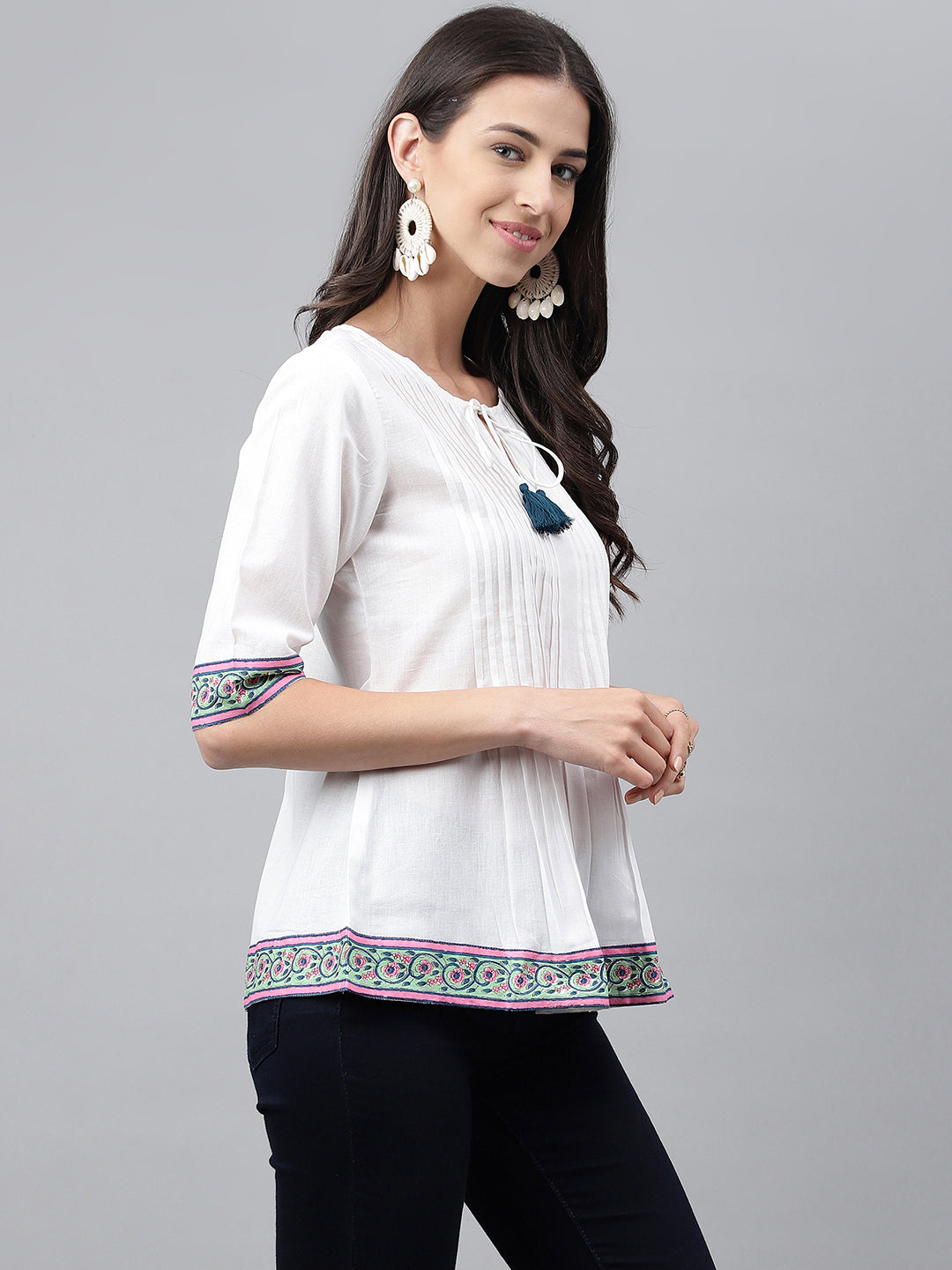 Janasya Women's White Cotton Solid Casual A-Line Top | Swadesiicart