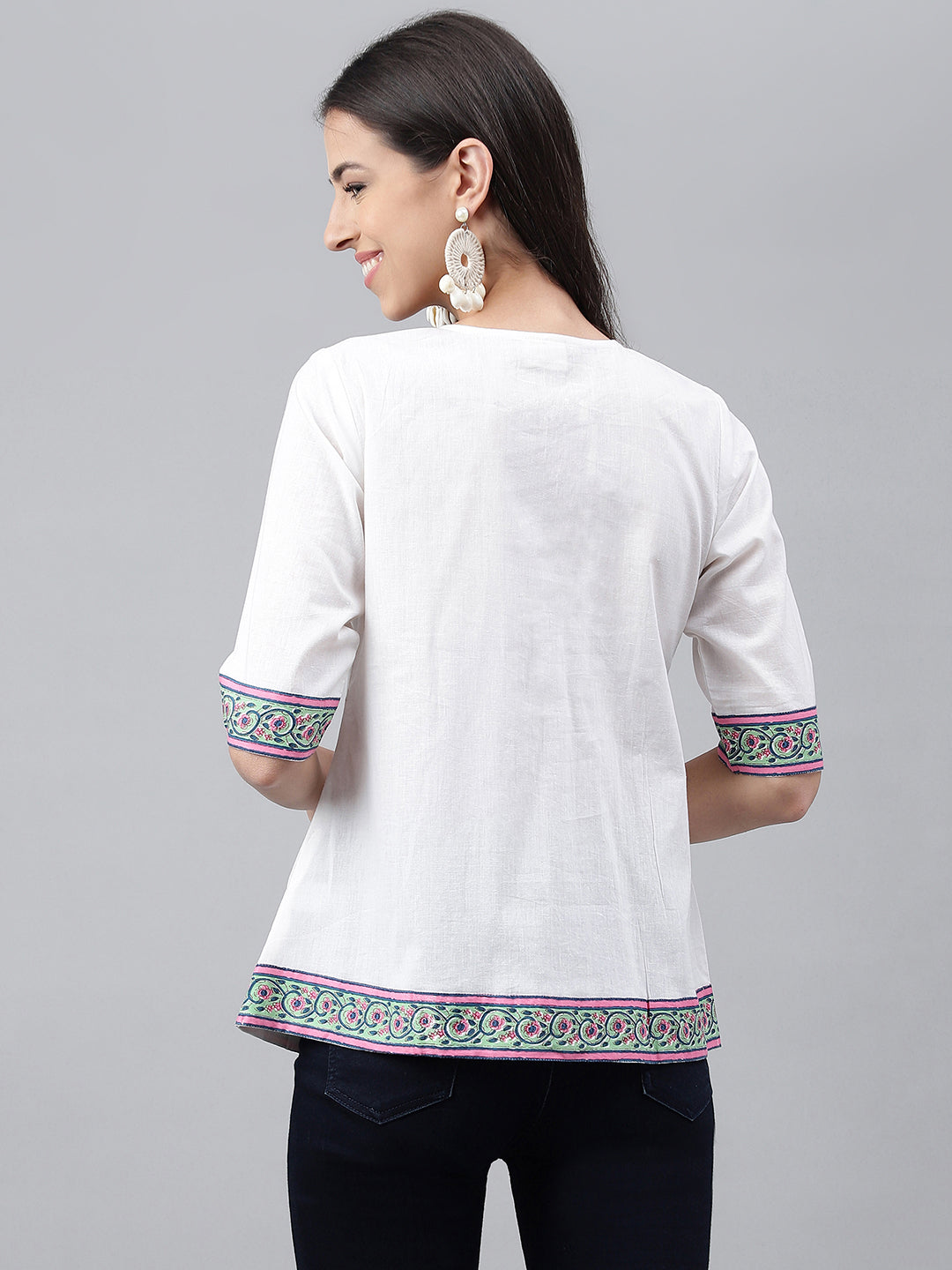 Janasya Women's White Cotton Solid Casual A-Line Top | Swadesiicart