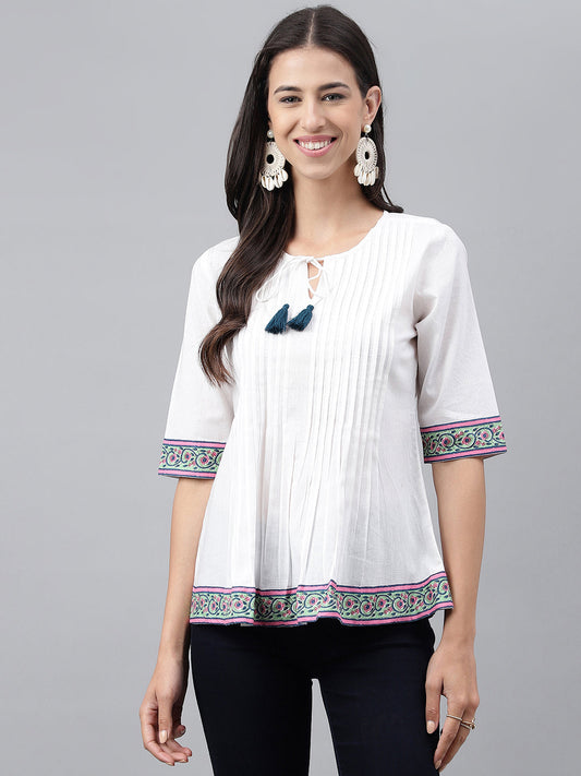 Janasya Women's White Cotton Solid Casual A-Line Top | Swadesiicart