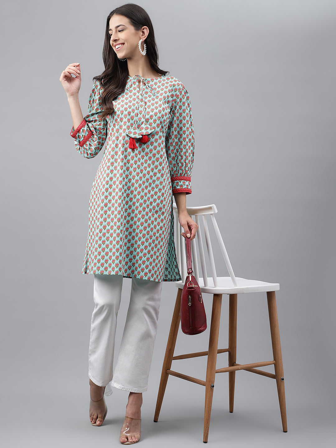 Indian Clothing Janasya Women's Light Green Cotton Floral Printed Casual Regular Tunic | Swadesiicart