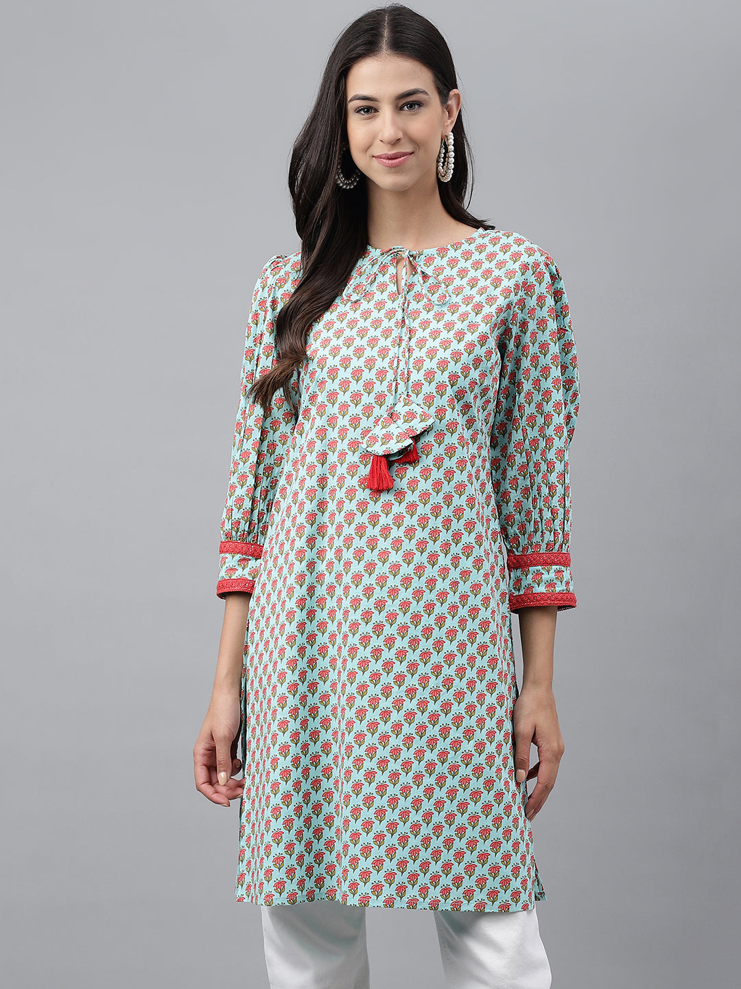 Indian Clothing Janasya Women's Light Green Cotton Floral Printed Casual Regular Tunic | Swadesiicart