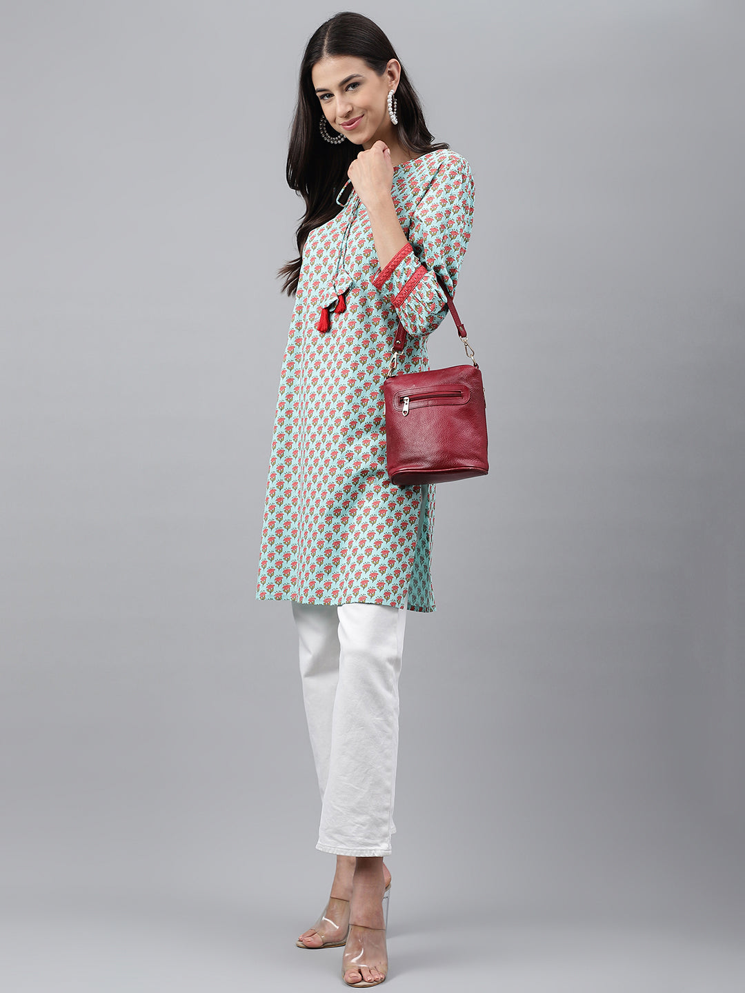 Indian Clothing Janasya Women's Light Green Cotton Floral Printed Casual Regular Tunic | Swadesiicart