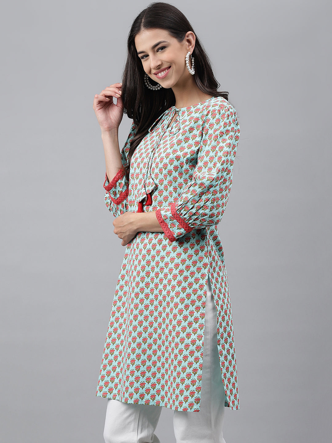 Indian Clothing Janasya Women's Light Green Cotton Floral Printed Casual Regular Tunic | Swadesiicart