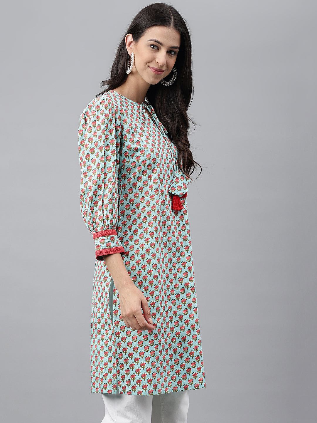 Indian Clothing Janasya Women's Light Green Cotton Floral Printed Casual Regular Tunic | Swadesiicart