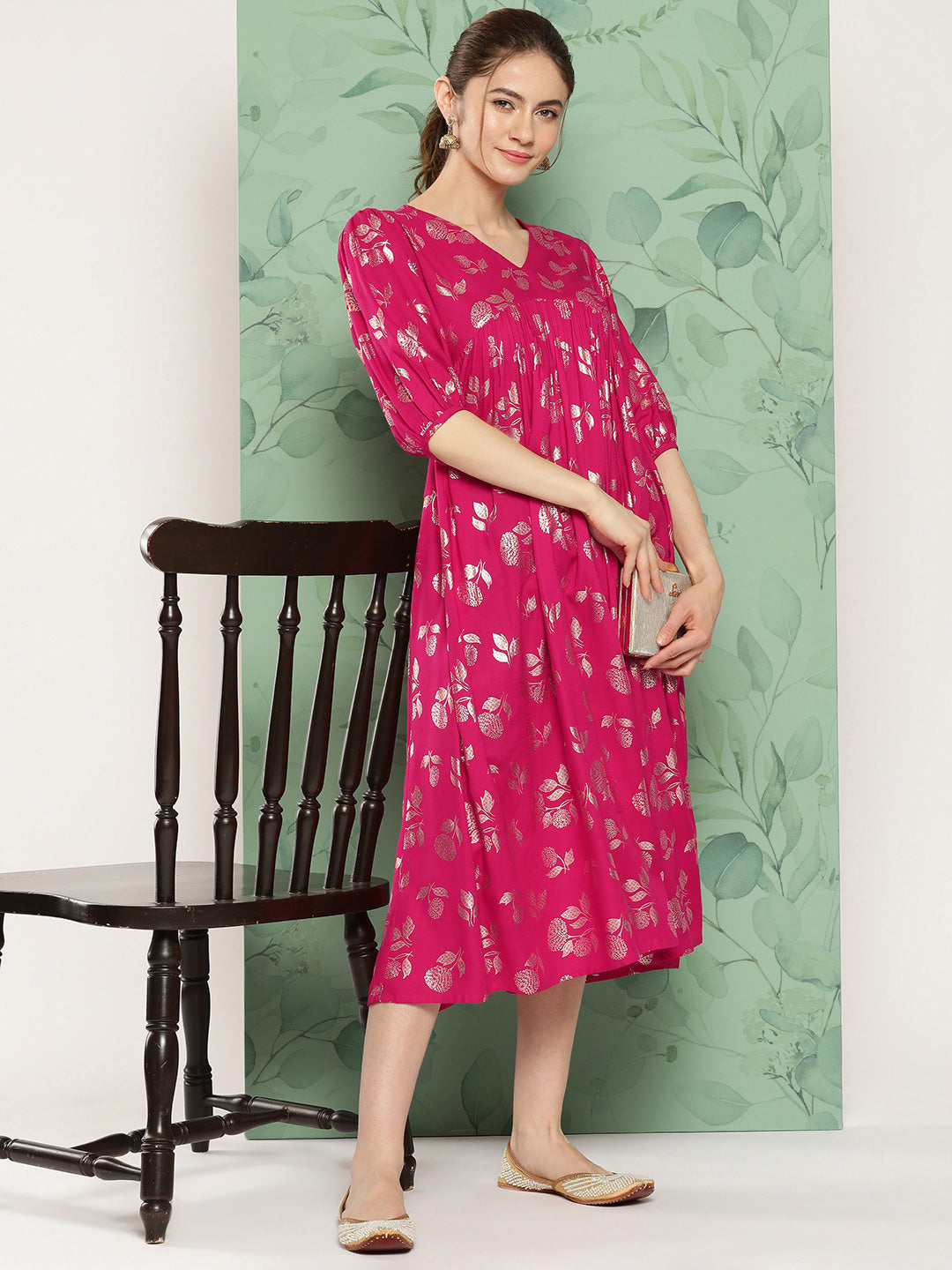 Janasya Women's Pink Rayon Foil Printed Festive Gathered Kurta | Swadesiicart